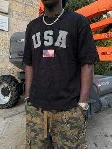 ANDREILEE 春夏男女通用休闲街头风百搭轻盈宽松美国国旗印花流苏做旧情侣约会派对圆领短袖针织衫，黑色毛衣 - 黑色 - 查看 2