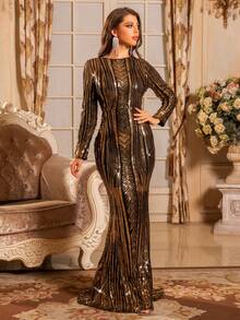 Romagic Đầm dạ hội đính kim sa vàng, cổ đứng, chất liệu chiffon, kiểu dáng trang nhã và thanh lịch theo phong cách Trung Đông dành cho phụ nữ. - Vàng - Xem 2