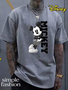 Disney Men's 230g Heavyweight Cotton T-Shirt - Mickey Mouse Street Print, Disney's Iconic Character, Soft Washed Texture, Loose Round Neck, Machine Washable, Suitable For Casual, Beach, Party, And Outdoor Activities, Vintage T-Shirt - Xám - Xem 1