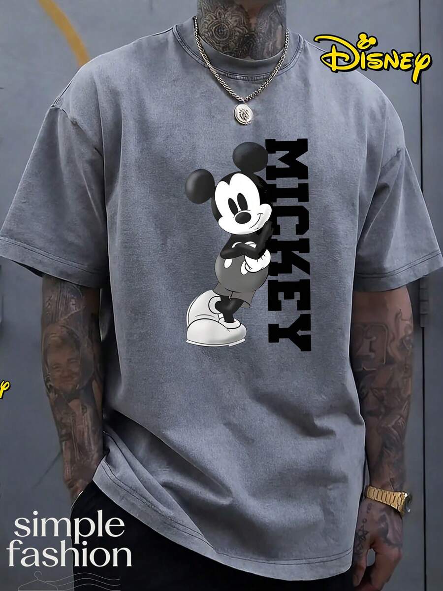 Disney Men's 230g Heavyweight Cotton T-Shirt - Mickey Mouse Street Print, Disney's Iconic Character, Soft Washed Texture, Loose Round Neck, Machine Washable, Suitable For Casual, Beach, Party, And Outdoor Activities, Vintage T-Shirt - Xám - Xem 1