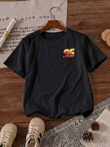 Disney Pixar Cars Lightning McQueen 95 Racing Printed Pattern T-Shirts For Girls - Children's Clothing Design Short-Sleeved Casual And Cute Style Comfortable And Casual Wear All Year Round Suitable For Parties And Play Machine Washable Gift Children's Clothing Girls' Short-Sleeved Shirts - Black - View 3