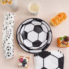 White Soccer Themed Disposable Tableware Set, Includes Paper Plates, Napkins, Cups, Suitable For Birthday Parties And Other Gatherings - Multicolor - View 3