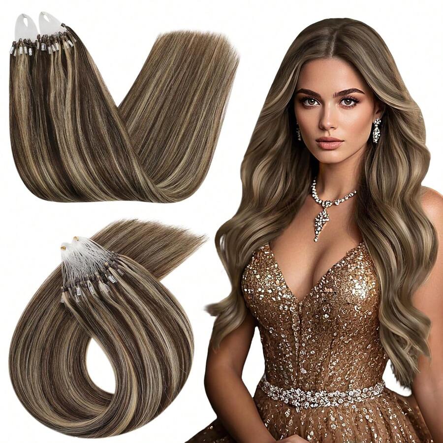 Straight Micro Loop Real Human Hair Extensions Microlink Micro Ring Link Hair For Women 30g/Pack 30 Strands Micro Beads Hair Extensions Silk Straight Human Hair Extensions - S4/27 - 查看 1