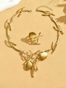 2件套新款不对称几何合金树枝吊坠项链戒指套装，适合女士日常及节日佩戴 - 金黃色 - 查看 2