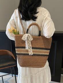 1 chiếc túi tote nữ mùa hè mới, dung tích lớn, đeo vai, làm từ rơm dệt, thiết kế phối màu, trang trí nơ ren, thích hợp cho kỳ nghỉ biển, sang trọng và đa năng. - Màu Khaki - Xem 7