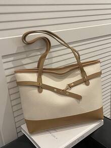 Beige & Brown Color Block Tote Bag, Adjustable Strap Handbag, Large Capacity Shoulder Bag For Women, Ideal For Work & Daily Commute - Beige - View 2