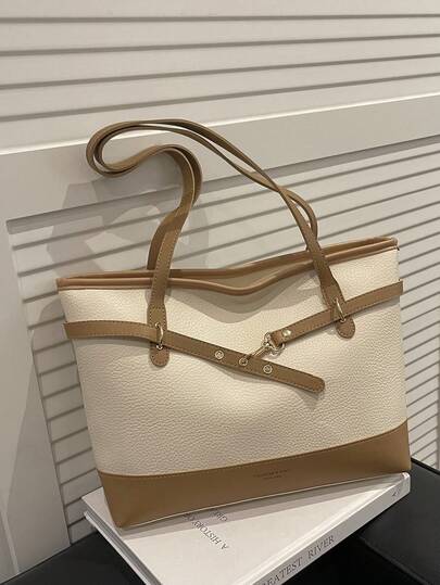 Beige & Brown Color Block Tote Bag, Adjustable Strap Handbag, Large Capacity Shoulder Bag For Women, Ideal For Work & Daily Commute