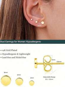 3 đôi bông tai vàng 14K, bông tai thép không gỉ không gây dị ứng dành cho nữ, bông tai kẹp vành tai và bông tai sụn tinh tế, trang sức nhiều lớp hình tròn thời trang, phù hợp cho phái nữ. - Vàng - Xem 3