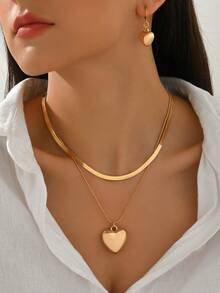 Bộ trang sức 3 món gồm bông tai và dây chuyền thanh lịch, thiết kế tối giản thời trang với hình trái tim rỗng hình học và mặt dây chuyền hình đĩa có họa tiết, dây chuyền dạng mắt xích dẹt, phụ kiện đa năng dùng hàng ngày. - Vàng - Xem 2