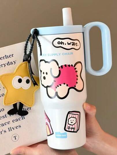 1个24.35盎司学生保温水瓶，316不锈钢真空保温杯，带手柄和吸管，大容量便携式保温杯，适合户外、校园、车内使用，附赠DIY贴纸