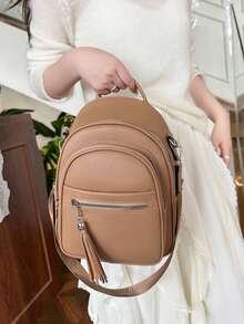 新款时尚大容量高端韩版休闲简约轻便百搭纯色复古可调节可拆卸流苏装饰女士单肩包/斜挎包/双肩包，适合旅行、购物、约会、作为女士礼物，适合少女、大学生和白领，非常适合办公室、学校、工作、商务、通勤、户外、旅行、徒步等场合。 - 卡其色 - 查看 1