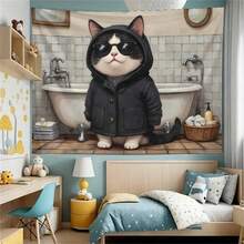 1 tấm thảm trang trí nghệ thuật độc đáo - Hình mèo mặc áo khoác treo tường phòng tắm, chất liệu vải polyester, hoàn hảo cho Halloween, Giáng sinh. - Nhiều màu - Xem 5