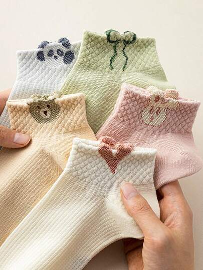 5 Pairs Women's Heart & Bow Cartoon Short Socks, Moisture-Wicking Breathable Mesh Ankle Socks, Random Colors For Spring/Summer Daily Wear
