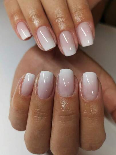 24pcs French Short Square Pink & White Ombre False Nails Set, Full Coverage, Includes 1 Adhesive Sticker & 1 Mini Nail File, Suitable For Daily Wear, Press-On Manicure, Nail Art Supplies