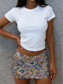 Women's Y2k Sexy Mini Skirt Fashion Colorblock Sequin Embellished Skirt Short Skirt Beach Vacation Sparkle Shine Style Glittery Bodycon Pencil Skirt Night Club Streetwear Y2k Clothes - 銀色 - 查看 1