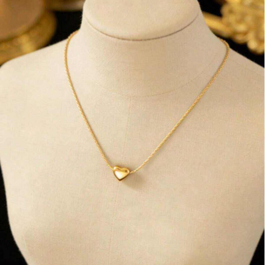 1件 2026新款简约穿孔小巧心形吊坠项链，百搭日常佩戴，适合斋月活动 - 金黃色 - 查看 1