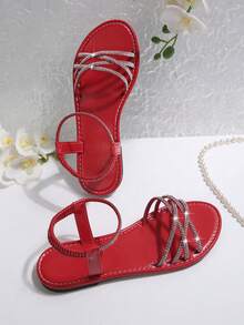 Giày sandal đế bằng hở mũi, quai chéo, co giãn, kiểu dáng mới mùa hè dành cho nữ, phong cách châu Âu và Mỹ. - Đỏ - Xem 8