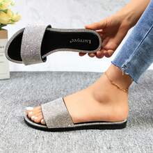 Women Slippers Sandals Casual Bling Rhinestone Crystals Mules Women's Glitter Sandal Flat Open Toe Sparkle Slides Sandals For Women - 黑色 - 查看 5
