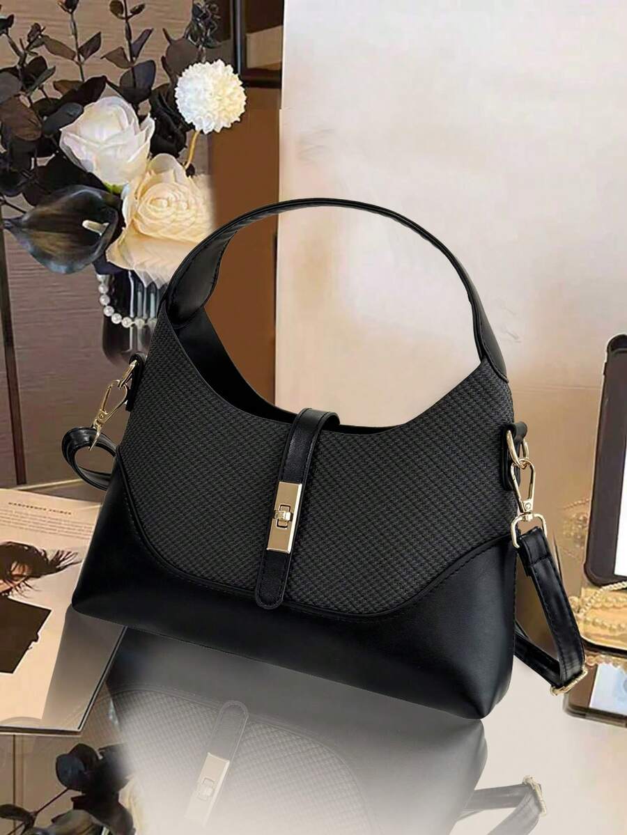 Bolso de diseño de nicho con bloques de color, bolso de hombro cruzado portátil versátil para ir al trabajo, bolso de mano, adecuado para el uso diario y citas casuales - Negro - Ver 1