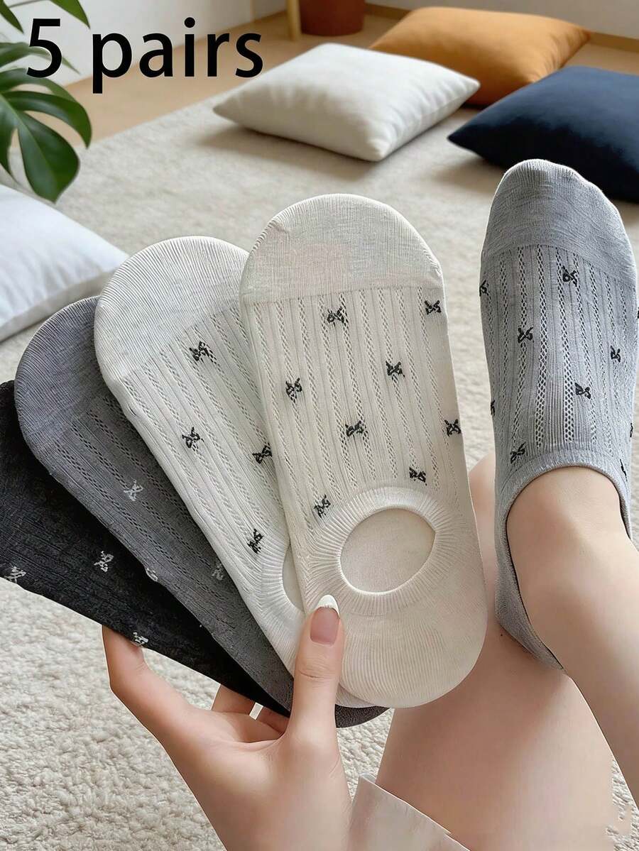 5 pares de calcetines de barco finos y transpirables con lazo para mujer, minimalistas y versátiles para el verano - Multicolor - Ver 1