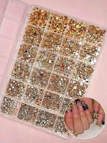 1盒随机混合香槟色ABS水钻美甲装饰品，哥特风格多尺寸圆形扁平水钻，闪亮美甲DIY配件 - 棕色 - 查看 2