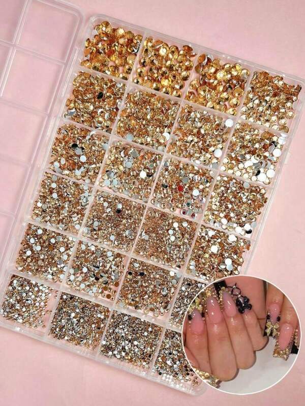 1 Box Random Mixed Champagne Color ABS Rhinestone Nail Art Decorations, Gothic Style Multi-Size Round Flat Rhinestone Tweezers Pen, Shiny Nail Art Accessories DIY