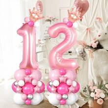 41 piezas Conjunto de globos con números y coronas de color rosa para cumpleaños, que incluye números del 0 al 9 de 32 pulgadas en rosa caramelo, mini coronas, globos de pentágono rosa, y globos de látex blancos y rosas, adecuado para decoración de cumpleaños, escena de ambiente, Día de San Valentín, fiesta de cumpleaños en casa, boda, decoración para sesión de fotos, fiesta de cumpleaños de princesa, ducha, fiesta de despedida de soltera, aniversario, fiesta del té, decoración de cumpleaños rosa - Multicolor - Ver 4