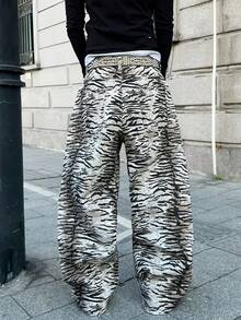1pc American Vintage Zebra Print Loose Denim Jeans |   Street Hip-Hop Fashion, Non-Stretch Fabric, Regular Length, All-Season, Pocket Details, Belt Not Included - 風格 - 查看 5