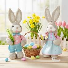 Easter Bunny Decoration Cute Straw Rabbit Figurines Table Centerpiece For Home Farmhouse Holiday Spring Party Tiered Tray Decor - 天藍 - 查看 4