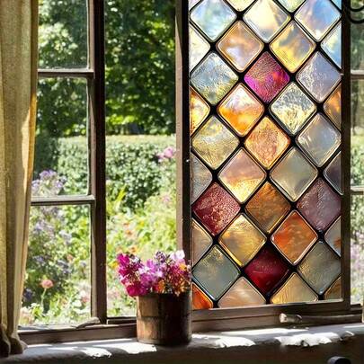 1/4 piezas Película de vidrio esmerilado con patrón geométrico de diamantes de colores, película de adsorción electrostática de PVC reutilizable para privacidad, adecuada para cocinas, dormitorios, baños, salas de estar y decoración del hogar.