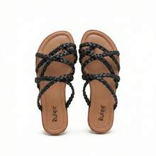 Wide Width Sandals For Women, Summer Flip Flops Flat Slide Sandals Casual Braided Wide Feet Slides Comfort Slip On Thong Womens Sandal. - 黑色 PU 780 - 查看 1