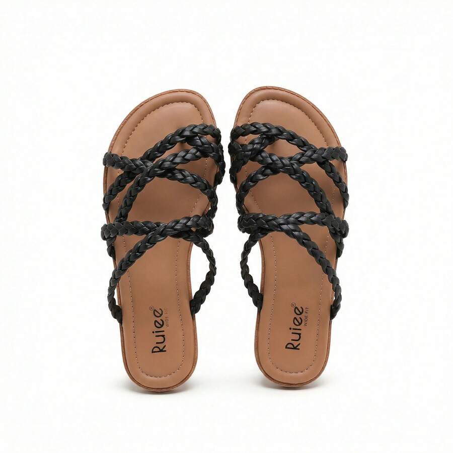 Wide Width Sandals For Women, Summer Flip Flops Flat Slide Sandals Casual Braided Wide Feet Slides Comfort Slip On Thong Womens Sandal. - 黑色 PU 780 - 查看 1