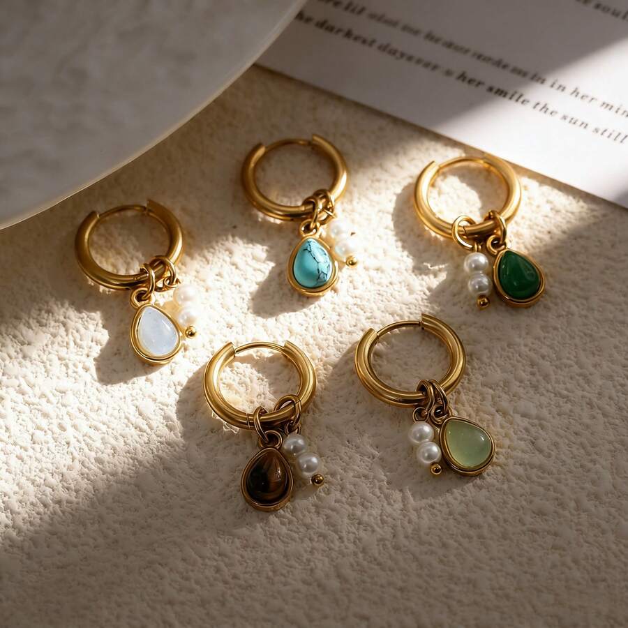Minimalist Unique European Style 304 Stainless Steel Faux Pearl Leaf Drop Clip-On Earrings, Fashion New 18K Gold Plated Natural Stone Stainless Steel Jewelry Earrings For Women