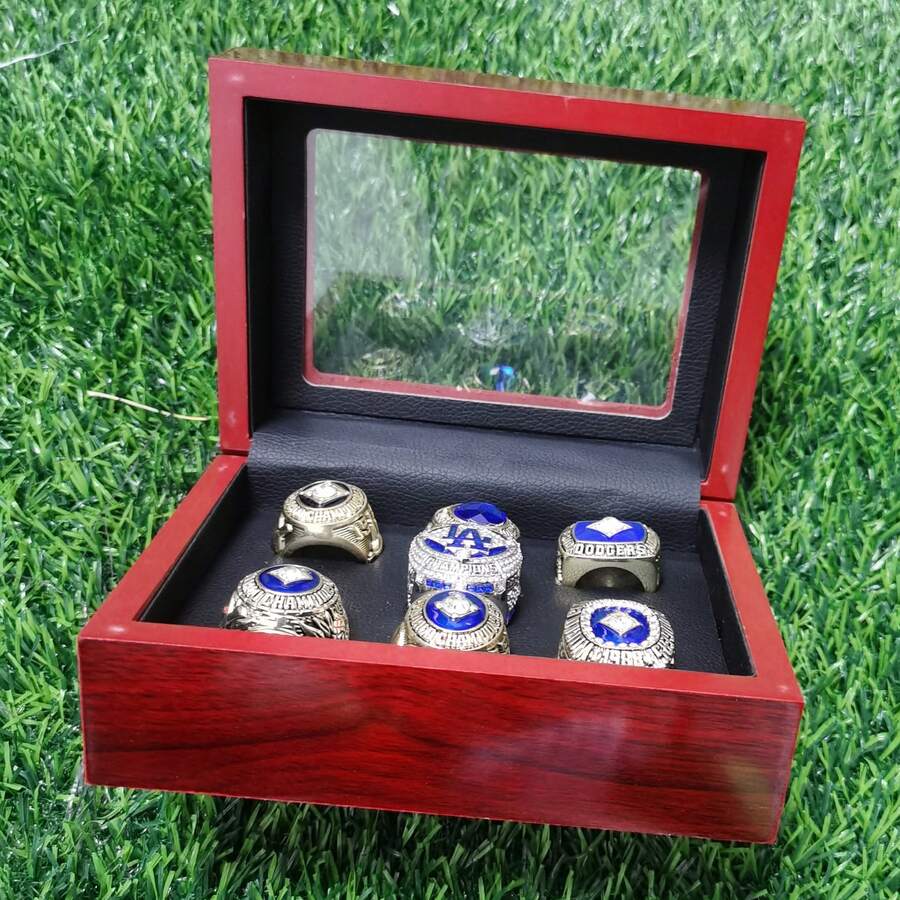LOS ANGELES BASEBALL GIFT SET 1955 1959 1963 1965 1981 1988 2020 WORLD CHAMPIONSHIP RING, 7 RINGS SET WITH 7-HOLE WOODEN DISPLAY BOX PACKAGING, HOLIDAY GIFT FOR BASEBALL FANS - Gold - View 1