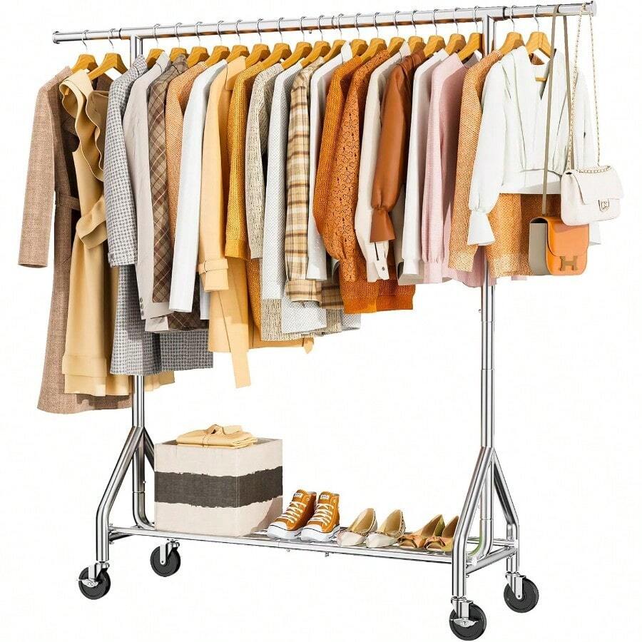 2026 Clothes Rack Load 450 LBS, Metal Garment Rack, Standing Rolling Clothing Rack For Hanging Clothes With Sturdy Wheels & Shelves, Portable Closet Wardrobe Rack,Sliver - Sliver - View 1