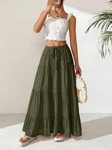 Women Casual Elastic High Waist Drawstring Pleated Layered Flowy Long Skirt Summer Boho Beach Vacation Holiday Going Out Valentine Maxi Skirt Outfits - 軍綠色 - 查看 4