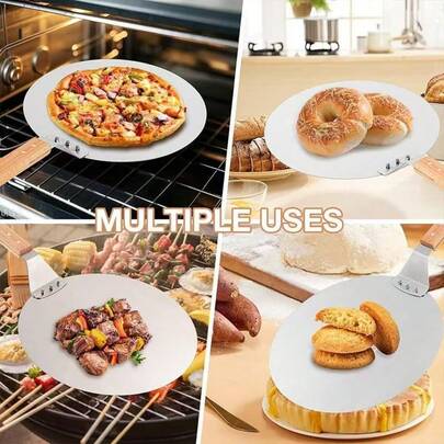 XXL Size Stainless Steel Pizza Peel With Wooden Handle, Stainless Steel Pizza Spatula, Round Metal Pizza Shovel, Large Pizza Paddle, Suitable For Homemade Pizza, Bread Or Cheese Baking, Can Be Used As Baking Tray Or Oven Tray