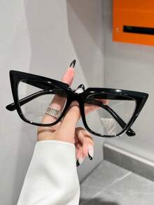 一副男女通用塑料框猫眼眼镜，适用于电脑、游戏、电视、智能手机，透明镜片 - 黑色 - 查看 2