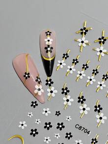 1 pieza Pegatinas de uñas con flores negras y blancas, líneas francesas metálicas doradas, y lindos dibujos de flores de cinco pétalos para decoración de manicura de primavera y verano para mujeres - Multicolor - Ver 3