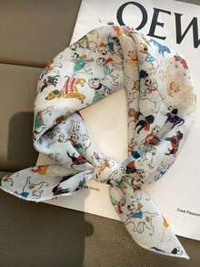 卡通小狗印花小方巾，百搭时尚围脖/头巾，女士适用 - 米色 - 查看 1