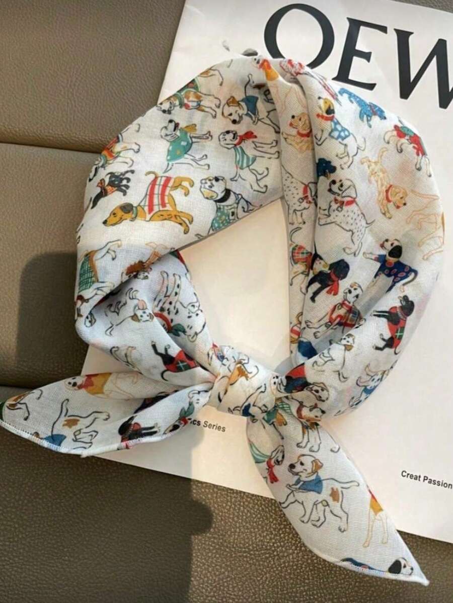 卡通小狗印花小方巾，百搭时尚围脖/头巾，女士适用 - 米色 - 查看 1