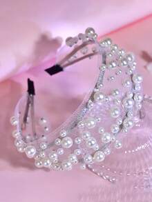 1pc Elegant White Pearl Headband, Fashionable Minimalist Mesh Hollow Wide Hairband, Suitable For Bride, Wedding, Celebration, Date, Outing, Holiday Party, Gift, Casual Wear - White - View 8
