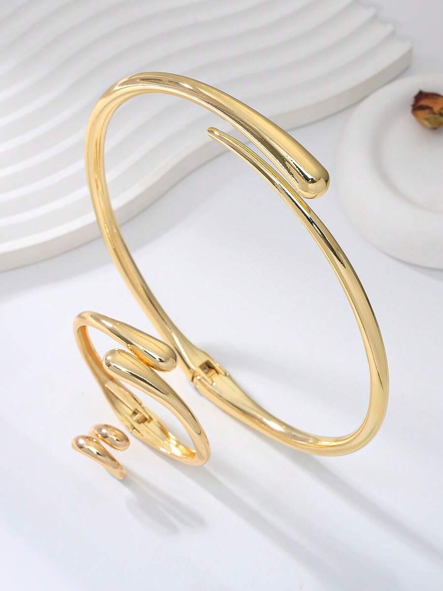 3 pièces Set Bracelet, Bague, Collier Ras-du-Cou Polyvalent Personnalisé Style Européen et Américain, Goutte d'eau Mode, Convient pour un Port Quotidien, Cadeau pour Amis - Or jaune - Voir 1
