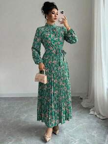 Spring Fall Floral Print Stand Collar Dress Women's Long Sleeve Zipper Front Self-Tie Waist Pleated Midi Dress - 綠色 - 查看 3