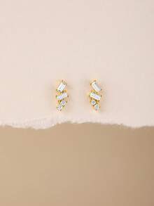 1 Pair 925 Sterling Silver Geometric Cubic Zirconia Stud Earrings For Women, Suitable For Daily, Dating, Vacation, Wedding, Party, Holiday Gifts, Hypoallergenic Pure Silver Ear Jewelry - Gold - View 4