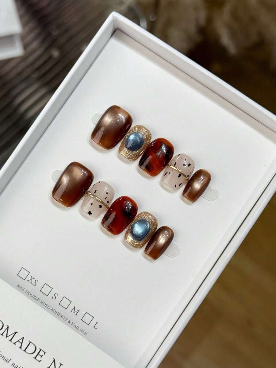 Brown Retro 3D Cat Eye Leopard Print Design Handmade Nail Art Supplies - Multicolor - View 1