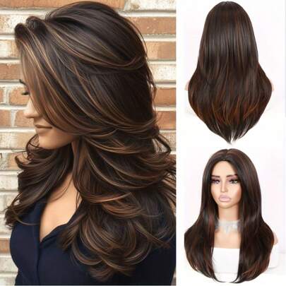 Layered Straight Wig Brown Highlight Wig 22inches Yaki Straight Layered Middle Part Wigs For Women Wolf Cut Mixed Brown Yaki Hair Wigs Wig Heat Resistant Synthetic Wigs For Women Daily Or Party Use Wear And Go Glueless Wigs (Mixed Brown)