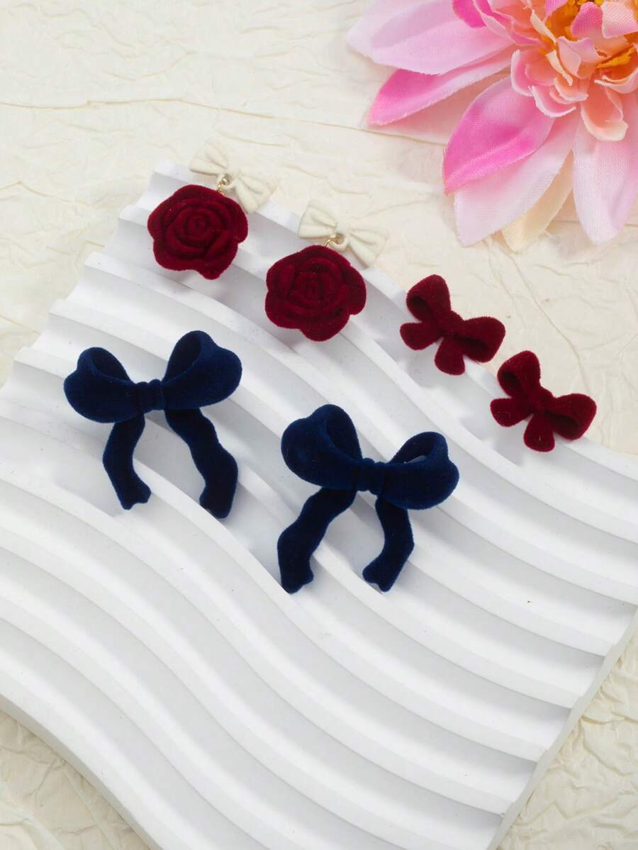 1 Pair Bow & Flower Design Earrings, Velvet Versatile Daily Wear Earrings - Multicolor - View 1