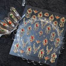1片5D立体浮雕美甲贴纸，奢华复洛克风格金箔美甲贴花，仿水晶设计，圣诞节和冬季美甲装饰，自粘式滑块DIY美甲用品，送给女性和女孩的礼物 - 彩色 - 查看 9
