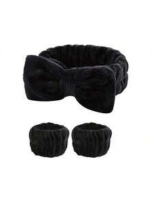 1 Set 3pcs Bando & Gelang Bulu Halus, Aksesori Pembersih Wajah yang Menyerap dan Mengusir Keringat - Hitam - View 3